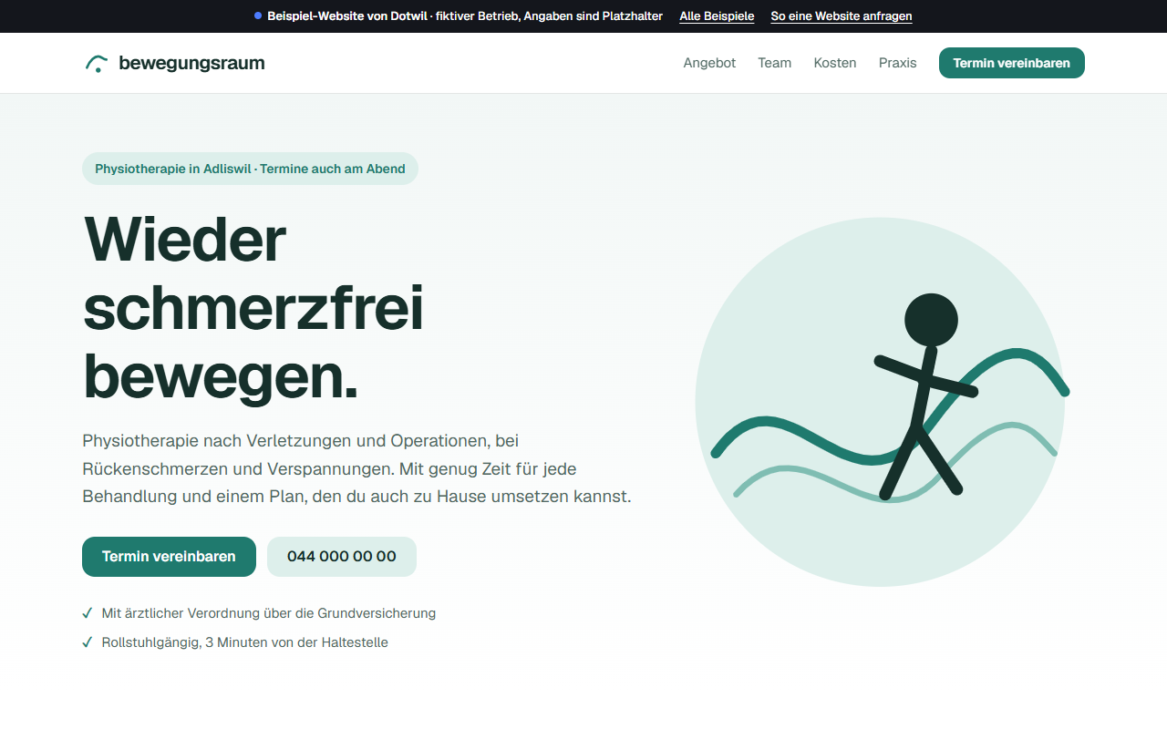 Startseite der Beispiel-Website einer Physiotherapie in Weiss und Petrol